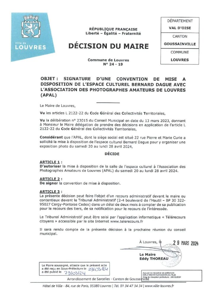 Image du document Décision du maire n° 24-19- SIGNATURE CONVENTION MISE A DISPOSITION ECBD APAL 2024