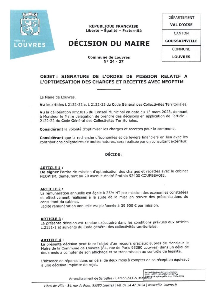 Image du document Décision du maire n° 24-27-SIGNATURE DE L ORDRE DE MISSION NEOPTIM