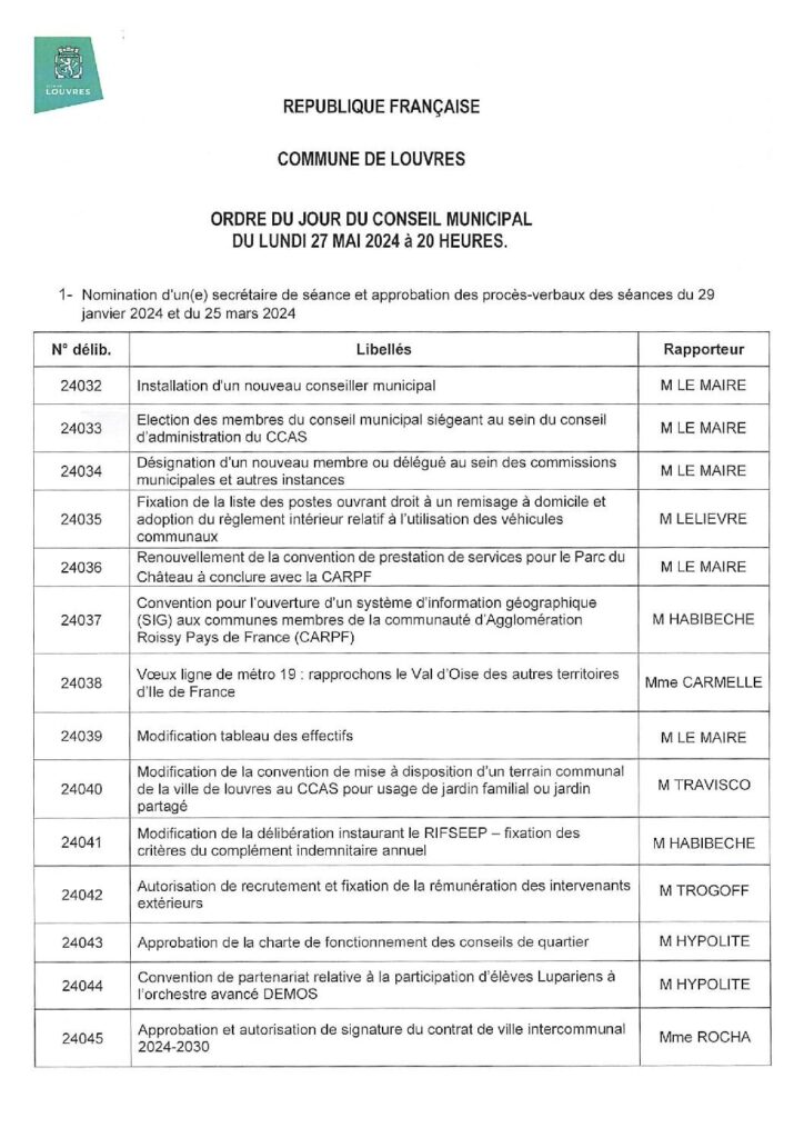 Image du document Ordre du jour du Conseil municipal du 27 mai 2024